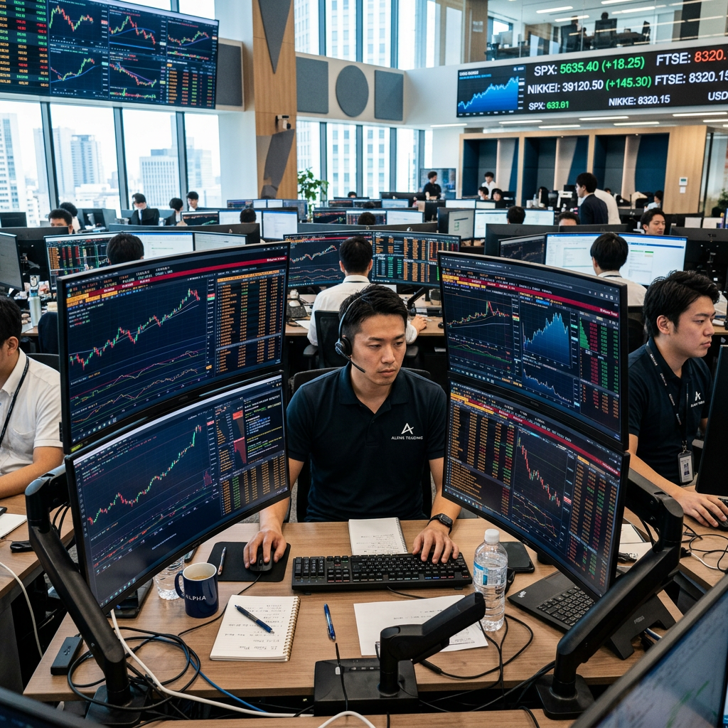 Financial trader monitoring multiple stock market charts and data on six computer screens