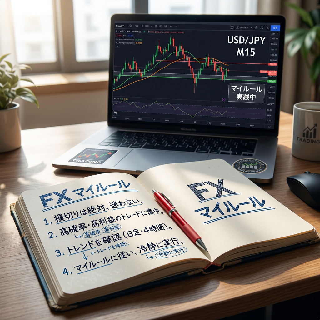 Open notebook with handwritten Forex trading rules in Japanese next to laptop displaying USD/JPY candlestick chart